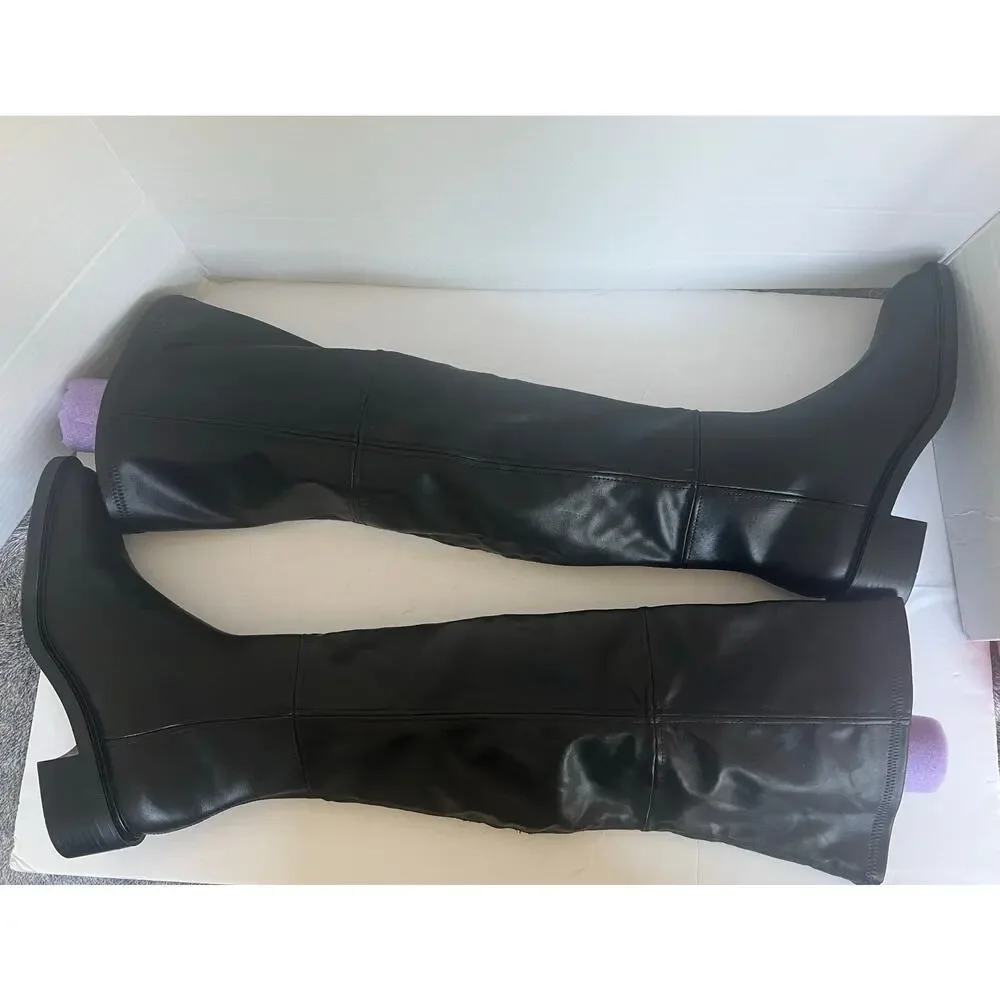 NWT Zara Tall Over The Knee Black Vegan Leather Square‎ Toe Pull On Boots Sz 9